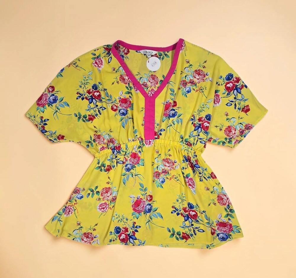 The Pioneer Woman Vibrant Floral Flutter Sleeve Top Yellow Pink Peplum Blouse